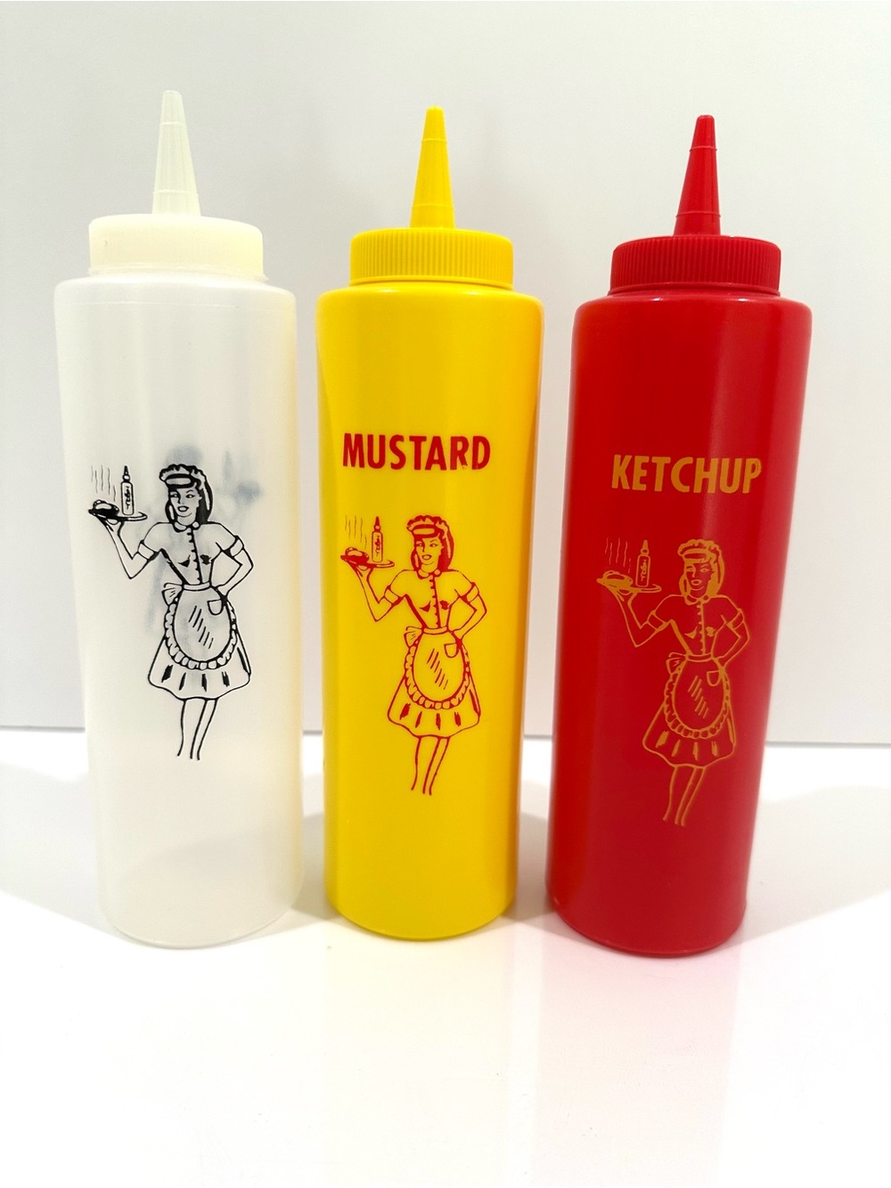 Set of 3 Diner Waitress Plastic Ketchup & Mustard Squeeze Bottles 12oz- Vtg Insp